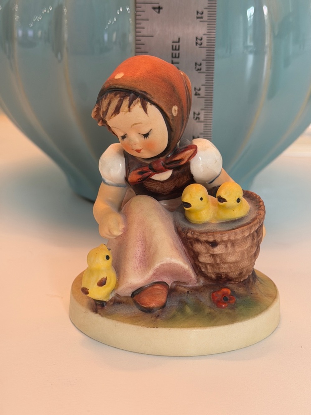 Goebel Brown-Dress Girl Figurine with Orange Headscarf and Yellow Chicks